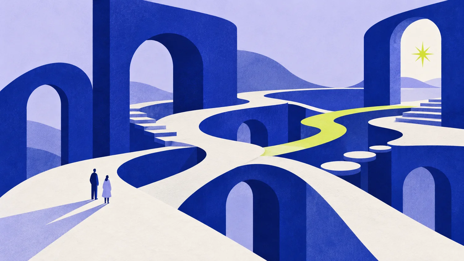 Illustrative Wege und blaue Torbögen
